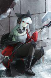Rule 34 | 1girl, animal ears, arknights, axe, bare shoulders, beanie, black footwear, black hat, black pantyhose, boots, commentary, fox ears, frostleaf (arknights), grey shirt, hat, head tilt, highres, holding, holding axe, holding weapon, jacket, knee pads, kz nagomiya, long hair, long sleeves, looking at viewer, material growth, off-shoulder shirt, off shoulder, oripathy lesion (arknights), pantyhose, red eyes, red jacket, shirt, silver hair, sitting, solo, thighs, weapon