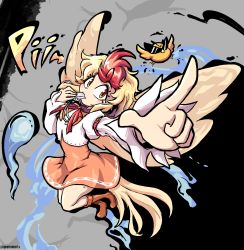 Rule 34 | 1girl, bird, blonde hair, blowing whistle, boots, chick, dress, feathered wings, foreshortening, highres, multicolored hair, niwatari kutaka, oil, orange dress, orange eyes, pointing, quarium, red hair, red neckwear, signature, solo, sunglasses, tail, touhou, two-tone hair, vest, water, whistle, white sleeves, white vest, wings