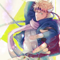 Rule 34 | 1boy, battle tendency, belt, blonde hair, blue gloves, blue jacket, caesar anthonio zeppeli, commentary request, feather hair ornament, feathers, fingerless gloves, gloves, green eyes, grin, hair ornament, headband, jacket, jojo no kimyou na bouken, looking at viewer, male focus, open clothes, open jacket, parted lips, partial commentary, pink scarf, scarf, shirt, short hair, smile, solo, upper body, v-shaped eyebrows, white shirt, yumikun