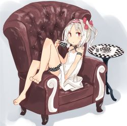 Rule 34 | 1girl, armband, bare shoulders, barefoot, bow, chair, choker, cup, dress, expressionless, full body, grey background, hair bow, hairband, halterneck, knees up, looking at viewer, original, pink bow, pink hairband, red eyes, short hair, side ponytail, sitting, solo, steins schwanz, table, teacup, thigh strap, white dress, white hair