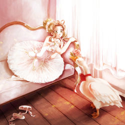 Rule 34 | 1girl, :o, bird, brown hair, commentary request, couch, curtains, dated, dress, eye contact, finger to own chin, goose, green eyes, hair ornament, hiyoya, indoors, long hair, looking at another, original, shoes, watermark, white dress, white legwear, wooden floor