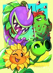 Rule 34 | 358 dymitre, absurdres, artist name, cactus (plants vs zombies), chomper (plants vs zombies), highres, leaf, looking at viewer, one eye closed, open mouth, peashooter (plants vs zombies), plants vs zombies, sharp teeth, sunflower (plants vs zombies), teeth, tongue, tongue out, yellow petals