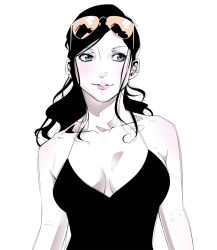 Rule 34 | 1girl, bare shoulders, black dress, black hair, blue eyes, breasts, breasts apart, collarbone, dress, eyewear on head, lips, looking to the side, medium breasts, nico robin, one piece, pale skin, parted lips, simple background, smile, solo, sungi, sunglasses, upper body, white background