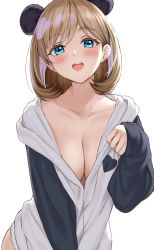 Rule 34 | 1girl, animal ears, blue eyes, blush, breasts, brown hair, cleavage, collarbone, commentary request, fake animal ears, highres, large breasts, long sleeves, looking at viewer, love live!, love live! superstar!!, no bra, open mouth, panda ears, sankuro (agoitei), short hair, simple background, smile, solo, tang keke, teeth, upper teeth only, white background