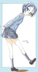 Rule 34 | 1girl, arms behind back, artist name, bad id, bad twitter id, black border, blue footwear, blue shirt, border, closed mouth, commentary, dated, erakin, from side, girls und panzer, glasses, grey eyes, grey hair, grey skirt, grey socks, highres, keizoku school uniform, loafers, long sleeves, looking at viewer, looking back, miniskirt, outside border, pleated skirt, rumi (girls und panzer), school uniform, shadow, shirt, shoes, short hair, signature, sketch, skirt, smile, socks, solo, standing, standing on one leg, striped clothes, striped shirt, traditional media, vertical-striped clothes, vertical-striped shirt, walking