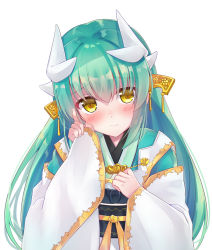 Rule 34 | 1girl, aqua hair, bad id, bad pixiv id, blush, closed mouth, commentary request, d:, dragon horns, fate/grand order, fate (series), hair ornament, hand on own chest, hand up, head tilt, horns, japanese clothes, kimono, kiyohime (fate), long hair, long sleeves, looking at viewer, nanahachi, obi, open mouth, ribbon, sash, simple background, smile, solo, upper body, very long hair, white background, white kimono, wide sleeves, yellow eyes, yellow ribbon