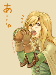 Rule 34 | 1girl, bad id, bad pixiv id, blonde hair, blush, eating, female focus, final fantasy, final fantasy tactics, food, gloves, milleuda folles, momigara (mmgrkmnk), nawashiro, open mouth, red eyes, simple background, solo, surprised, sweatdrop, translated