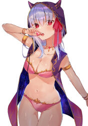 Rule 34 | 1girl, armlet, ban (one ban7241), bare shoulders, bikini, blush, bracelet, breasts, candy, chocolate, chocolate heart, cleavage, collarbone, earrings, fate/grand order, fate (series), food, hair ribbon, heart, highres, hood, hooded vest, hoodie, horned hood, horns, jewelry, kama (chocolate heaven) (fate), kama (fate), large breasts, long hair, looking at viewer, necklace, open mouth, pink bikini, purple vest, red eyes, ribbon, swimsuit, vest, white hair