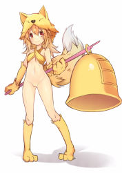 Rule 34 | 1girl, 3.14, animal hands, animal hood, bandeau, bell, blonde hair, blush, bottomless, breasts, cleft of venus, closed mouth, fox hood, fox tail, full body, hair between eyes, halterneck, holding, holding staff, hood, legs apart, long hair, moonlight flower, navel, pussy, ragnarok online, red eyes, simple background, small breasts, smile, solo, staff, tail, thighs, white background