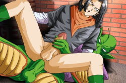Rule 34 | 2boys, alien, anal, android 17, bottomless, colored skin, dragon ball, dragonball z, green skin, handjob, male focus, male penetrated, multiple boys, penis, piccolo, yaoi