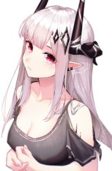 Rule 34 | 1girl, alternate costume, arknights, bare shoulders, black shirt, breasts, cleavage, clothing cutout, commentary, highres, horns, leria v, long hair, looking at viewer, material growth, medium breasts, mudrock (arknights), oripathy lesion (arknights), pointy ears, red eyes, shirt, shoulder cutout, silver hair, simple background, solo, upper body, white background