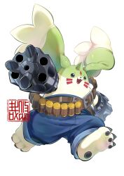 Rule 34 | :3, :d, ammunition belt, belt, belt buckle, blue eyes, blue pants, brown belt, buckle, claws, commentary, digimon, digimon (creature), facial mark, fangs, floppy ears, galgomon, gatling gun, green horns, highres, horns, open mouth, pants, pawpads, running, simple background, single horn, smile, solo, symbol-only commentary, v-shaped eyebrows, whisker markings, white background, youzaiyouzai112