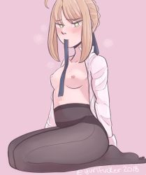 Rule 34 | 1girl, 2018, ahoge, artoria pendragon (all), artoria pendragon (fate), bad id, bad pixiv id, black pantyhose, blush, braid, breasts, dated, fate (series), french braid, green eyes, henemimi, monochrome, open clothes, pantyhose, pink background, saber (fate), short hair, sitting, small breasts, solo, twitter username, wariza