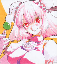Rule 34 | 1girl, bandaged hand, bandages, breasts, bun cover, commentary request, dango, double bun, eating, flower, food, food on face, hair bun, holding, holding food, ibaraki kasen, large breasts, looking at viewer, mizuki hitoshi, pink hair, puffy short sleeves, puffy sleeves, red eyes, rose, short hair, short sleeves, solo, touhou, upper body, wagashi