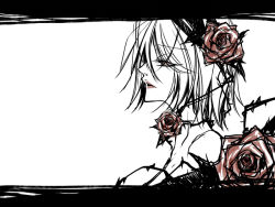 Rule 34 | 1girl, flower, iroha uta (vocaloid), kagamine rin, letterboxed, lipstick, makeup, monochrome, red eyes, red flower, red rose, rose, shiinoyuko, short hair, simple background, solo, spot color, thorns, vocaloid