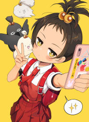 Rule 34 | 1girl, absurdres, animal, ascot, backpack, bag, bag charm, bird, black hair, blush stickers, bright pupils, cellphone, charm (object), child, collared shirt, condom, dog, dress, floating, forehead, gro (lee145879), hair bobbles, hair ornament, highres, jitome, kaai yuki, neoki yashi no ki (vocaloid), phone, pinafore dress, pleated dress, puffy short sleeves, puffy sleeves, randoseru, red ascot, red bag, red dress, shirt, short sleeves, sleeveless, sleeveless dress, smartphone, sparkle, speech bubble, topknot, used condom, v, vocaloid, white shirt, yellow background, yellow eyes