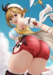 Rule 34 | 1girl, absurdres, artist request, ass, atelier (series), atelier ryza, bare shoulders, blush, breasts, cameltoe, from behind, hair ornament, hair ribbon, hairclip, hat, highres, huge ass, large breasts, leaning, leaning forward, looking at viewer, open mouth, red shorts, reisalin stout, ribbon, short hair, short shorts, shorts, sideboob, smile, solo, staff, thick thighs, thighhighs, thighs