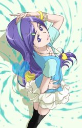 Rule 34 | 00s, 1girl, aono miki, black thighhighs, blue eyes, blue shirt, bracelet, casual, eyelashes, fresh precure!, hair ornament, hairband, hairclip, happy, highres, jewelry, long hair, looking at viewer, precure, purple hair, say (sakabin), shirt, skirt, smile, solo, standing, thighhighs, thighs, zettai ryouiki