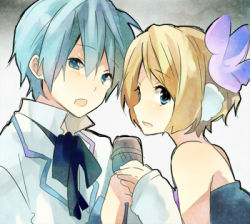 Rule 34 | 1boy, 1girl, :o, aqua eyes, aqua hair, bad id, bad pixiv id, bare shoulders, blonde hair, blue eyes, detached sleeves, flower, hair flower, hair ornament, kagamine rin, kaito (vocaloid), lowres, microphone, ousaka nozomi, project diva (series), project diva 2nd, vocaloid