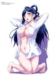 Rule 34 | 1girl, absurdres, azuma himari (mato seihei no slave), blue hair, breasts, cleavage, collared shirt, highres, knees together feet apart, large breasts, long hair, looking at viewer, magazine scan, mato seihei no slave, megami magazine, naked shirt, navel, official art, open clothes, open mouth, open shirt, scan, shirt, simple background, thighs, white background, white shirt, yellow eyes