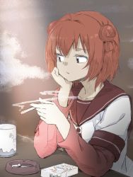 Rule 34 | 1girl, 9so (ponchon), akaza akari, arm support, ashtray, blouse, blowing smoke, brown background, cigarette, closed mouth, commentary request, cup, double bun, elbow rest, hair bun, hand on own chin, head rest, highres, holding, holding cigarette, layered sleeves, long sleeves, looking to the side, nanamori school uniform, red hair, red sailor collar, sailor collar, school uniform, serafuku, shirt, short hair, short over long sleeves, short sleeves, smoking, solo, white shirt, winston cigarettes, yuru yuri