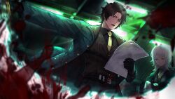 Rule 34 | 1boy, 1girl, belt, black gloves, black shirt, blood, blood splatter, brown hair, brown vest, cleaning glasses, coat, collared shirt, dark-skinned male, dark skin, faust (project moon), game cg, glasses, gloves, green coat, green theme, heathcliff (project moon), highres, holding, holding sword, holding weapon, limbus company, male focus, medium hair, nai ga, necktie, official art, open clothes, open coat, papers, project moon, purple eyes, reading, round eyewear, scar, scar on face, shirt, short hair, solo focus, sword, vest, weapon, yellow necktie