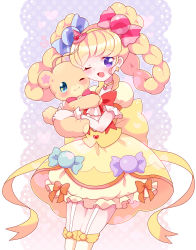 Rule 34 | 1girl, ;d, asahina mirai, back bow, blonde hair, blush, bow, braid, braided hair rings, bubble skirt, buttons, candy hair ornament, choker, cowboy shot, cure miracle, cure miracle (topaz style), dress bow, food-themed hair ornament, food-themed ornament, frilled skirt, frills, hair ornament, hair rings, hairband, hat, heart, heart background, heart button, heart choker, highres, holding, holding stuffed toy, huge bow, ishi (petite parfait), lace background, looking at viewer, mahou girls precure!, mini hat, mini witch hat, mofurun (mahou girls precure!), one eye closed, open mouth, pink headwear, precure, puffy sleeves, purple eyes, red bow, skirt, smile, stuffed animal, stuffed toy, teddy bear, thigh bow, thigh strap, thighhighs, topaz style, twin braids, witch hat, wrist cuffs, yellow bow, yellow choker, yellow hairband, yellow skirt, yellow thighhighs