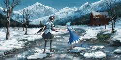 Rule 34 | 2girls, black hair, black legwear, black skirt, blue bow, blue dress, blue eyes, blue footwear, blue hair, blue sky, bow, cirno, commentary request, day, dress, from side, full body, hair bow, holding hands, hat, highres, house, looking at another, mountain, multiple girls, outdoors, pleated skirt, pom pom (clothes), profile, puffy short sleeves, puffy sleeves, red eyes, red footwear, roke (taikodon), shameimaru aya, shirt, shoes, short sleeves, skirt, sky, snow, standing, tassel, thighhighs, tokin hat, touhou, white shirt, zettai ryouiki