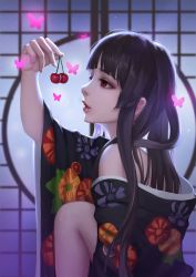 Rule 34 | 1girl, aojiao pinru, black hair, bug, butterfly, character request, cherry, copyright request, food, from side, fruit, holding, holding food, insect, jigoku shoujo, long hair, looking away, parted lips, red eyes, solo