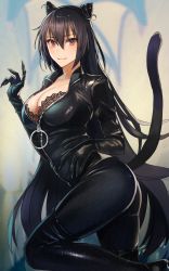 Rule 34 | 1girl, :3, alternate costume, animal ears, ass, black bodysuit, black bra, black footwear, black hair, blurry, blurry background, bodysuit, boots, bra, breasts, brown eyes, cat ears, cat tail, claws, cleavage, closed mouth, collarbone, cone hair bun, cowboy shot, double bun, fake animal ears, fake tail, fangs, hair between eyes, hair bun, highres, indoors, kantai collection, kasumi (skchkko), large breasts, long hair, looking at viewer, nagato (kancolle), open bodysuit, open clothes, partially unzipped, red eyes, solo, tail, thigh boots, thighhighs, underwear, zipper