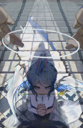 Rule 34 | 1girl, 1other, absurdres, animal ears, arrow in mouth, asa illust, asymmetrical sleeves, blue eyes, commentary request, feathered wings, from above, halo, highres, holding halo, kneeling, mouth hold, original, pov, praying, rabbit ears, shadow, shirt, solo focus, stairs, traditional youkai, white shirt, white wings, wings