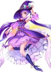 Rule 34 | absurdres, blush, boots, cape, cure magical, detached sleeves, harigane shinshi, hat, high heel boots, high heels, highres, izayoi liko, long hair, looking at viewer, magical girl, mahou girls precure!, precure, purple eyes, purple hair, see-through, simple background, smile, solo, witch hat