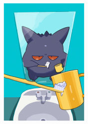 Rule 34 | absurdres, border, brushing teeth, commentary request, creatures (company), cup, faucet, foam, game freak, gen 1 pokemon, gengar, highres, holding, holding cup, holding toothbrush, mirror, nintendo, no humans, pokemon, pokemon (creature), reflection, saiku (zvlku), sink, solo, toothbrush, white border