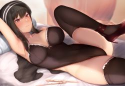 Rule 34 | 1girl, arm up, armpit lips, armpits, artist name, bed sheet, black hair, black one-piece swimsuit, black thighhighs, blush, boots, breasts, closed mouth, covered navel, dagger, female focus, frilled swimsuit, frilled thighhighs, frills, from side, hairband, high heel boots, high heels, highres, kimoshi, knife, lace, lace-trimmed swimsuit, lace trim, large breasts, leg up, looking at viewer, lying, on back, on bed, one-piece swimsuit, pillow, red eyes, red footwear, solo, spy x family, strapless, strapless one-piece swimsuit, sweat, swimsuit, thighhighs, thighs, weapon, yor briar