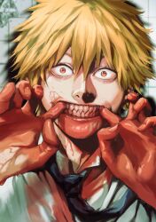 Rule 34 | 1boy, black necktie, blonde hair, chainsaw man, collared shirt, denji (chainsaw man), finger in own mouth, highres, looking at viewer, male focus, necktie, parted lips, sharp teeth, shirt, short hair, smile, solo, spiked hair, spykeee, teeth, white shirt