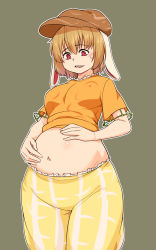 Rule 34 | 1girl, animal ears, belly, blonde hair, blush, breasts, brown hat, commentary request, cowboy shot, crop top, flat cap, grey background, hair between eyes, hat, highres, kakone, medium breasts, midriff, navel, one-hour drawing challenge, open mouth, orange shirt, pants, plump, rabbit ears, red eyes, ringo (touhou), shirt, short hair, short sleeves, simple background, solo, standing, stomach, sweat, touhou, weight conscious, yellow pants