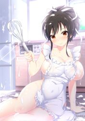 Rule 34 | apron, areola slip, asuka (senran kagura), betterthanbone2, blush, breasts, brown eyes, brown hair, cleavage, closed mouth, commentary, covered navel, cream, cream on body, cream on breasts, cream on face, day, embarrassed, fallen down, food, food on face, hair ribbon, highres, holding, holding whisk, kitchen, large breasts, messy room, naked apron, on floor, ponytail, ribbon, senran kagura, short ponytail, sideboob, sunlight, whisk, white apron, white ribbon
