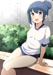 1girl blue_hair blush breasts day dot_nose feet_out_of_frame female_focus gym_uniform hair_bun legs looking_at_viewer naruse_mai open_mouth outdoors purple_eyes shima_rin shirt short_sleeves sitting small_breasts solo thighs yurucamp