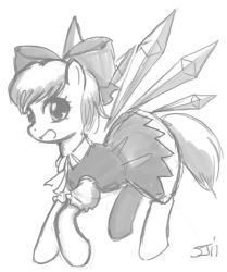 Rule 34 | 1girl, :d, animalization, bow, cirno, fairy wings, greyscale, hair bow, ice, ice wings, john joseco, monochrome, my little pony, open mouth, pegasus, short hair, simple background, smile, solo, touhou, wings