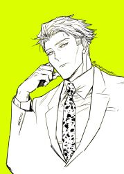 Rule 34 | 1boy, animal print, buttoned cuffs, buttons, collared shirt, formal, highres, jacket, jujutsu kaisen, leopard print, long sleeves, looking at viewer, male focus, nanami kento, necktie, shirt, short hair, solo, suit, suit jacket, upper body, yellow background, yoreyore