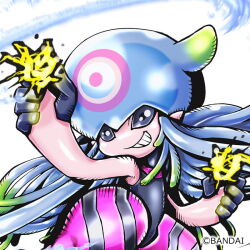 Rule 34 | bandai, copyright name, digimon, electricity, grin, icon (computing), jellyfish girl, jellymon, looking at viewer, monster girl, official art, smile, tentacle hair, tentacles