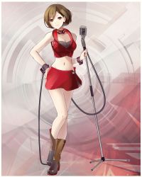Rule 34 | 1girl, absurdres, bare shoulders, boots, bra, brown eyes, brown hair, cable, commentary, crop top, full body, hand on own hip, highres, holding, holding microphone stand, meiko (vocaloid), meiko (vocaloid3), microphone, microphone stand, midriff, miniskirt, navel, official style, red skirt, short hair, skirt, smile, solo, underwear, vocaloid, wrist straps, yen-mi, zipper skirt