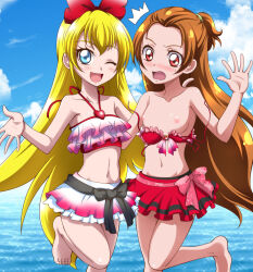 Rule 34 | 2girls, :d, ;d, ^^^, arm around back, barefoot, bikini, bikini skirt, bikini top pull, blonde hair, blue eyes, blue sky, blush, bow, breasts, brown hair, cloud, cloudy sky, collarbone, commentary request, day, dokidoki! precure, flat chest, floating hair, frilled bikini, frills, frown, hair bow, halterneck, hanzou, leg up, long hair, looking at viewer, madoka aguri, miniskirt, multiple girls, navel, nipples, ocean, one eye closed, open mouth, outdoors, partial commentary, pink bow, precure, red bikini, red bow, red eyes, red skirt, regina (dokidoki! precure), skirt, sky, small breasts, smile, standing, standing on one leg, swimsuit, very long hair, wardrobe malfunction, waving