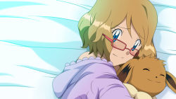 Rule 34 | 1girl, aki (yunkana), bed sheet, bespectacled, blue eyes, blush, closed mouth, commentary request, creatures (company), eevee, eyelashes, from above, game freak, gen 1 pokemon, glasses, hood, hood down, light brown hair, looking to the side, lying, nintendo, on side, pajamas, pokemon, pokemon (anime), pokemon (creature), pokemon xy (anime), raised eyebrows, serena (pokemon), short hair, smile