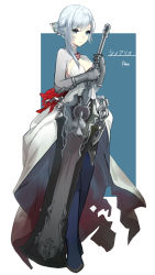 Rule 34 | 1girl, allos, artist name, asymmetrical hair, bad id, bad pixiv id, blue eyes, blue legwear, breasts, character name, closed mouth, copyright name, dress, full body, hands up, highres, holding, holding sword, holding weapon, medium breasts, short hair with long locks, signature, silver hair, simple background, sinoalice, snow white (sinoalice), solo, standing, sword, weapon, white dress