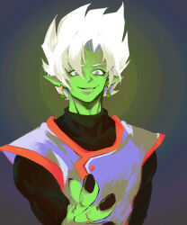 1boy black_bodysuit black_nails bodysuit colored_skin dragon_ball dragon_ball_super earrings empty_eyes fused_zamasu green_skin grey_eyes jewelry kyoujurou59 long_sleeves looking_ahead nail_polish pointy_ears potara_earrings sharp_teeth smirk solo spiked_hair teeth white_hair