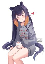 Rule 34 | 1girl, ardenlolo, artist name, blush, commentary, cup, drawstring, english commentary, facing viewer, grey hoodie, happy, heart, hololive, hololive english, hood, hood down, hoodie, long hair, long sleeves, mole, mole under eye, mug, ninomae ina&#039;nis, no pants, parted lips, pointy ears, purple hair, simple background, sitting, smile, solo, very long hair, virtual youtuber, white background