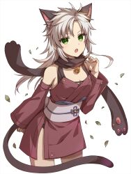 Rule 34 | 1girl, :o, adjusting scarf, aged up, alternate costume, animal ear fluff, animal ears, arm at side, bare shoulders, bell, black scarf, cat ears, cat girl, cat tail, chihiro (chihiro3399), commentary, cowboy shot, detached sleeves, dress, eiyuu densetsu, eyebrows hidden by hair, fang, fie claussell, floating hair, green eyes, grey hair, hand up, highres, hip vent, jingle bell, kemonomimi mode, light blush, long hair, long sleeves, looking at viewer, neck bell, ninja, open mouth, paw print, red dress, scarf, sen no kiseki, sen no kiseki iii, short dress, simple background, sleeveless, sleeveless dress, solo, spiked hair, tail, tsurime, white background, wide sleeves