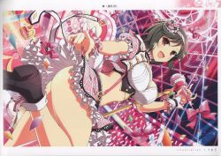 Rule 34 | 1girl, absurdres, ass, black hair, breasts, brown eyes, hair ornament, hairband, highres, holding, large breasts, leg up, looking at viewer, microphone, midriff, official art, open mouth, page number, puffy short sleeves, puffy sleeves, scan, senran kagura, senran kagura new link, shiny skin, short hair, short sleeves, simple background, smile, solo, suspenders, thighs, wrist cuffs, yaegashi nan