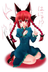 Rule 34 | 1girl, animal ears, braid, cat ears, chestnut mouth, dress, full body, hands up, kaenbyou rin, leon no neko, multiple tails, nekomata, paw pose, red eyes, red hair, seiza, simple background, sitting, solo, tail, touhou, twin braids, two tails, white background